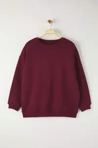 Trendyol Curve Burgundy Oversized/Relaxed Cut Basic Crew Neck Thick/Fleece-lined Knitting Sweatshirt - Image 5
