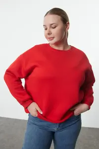 Trendyol Curve Red Oversized/Comfortable Cut Basic Crew Neck Thick/Fleece-lined Knitting Sweatshirt