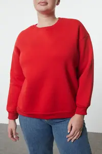Trendyol Curve Red Oversized/Comfortable Cut Basic Crew Neck Thick/Fleece-lined Knitting Sweatshirt - Image 3