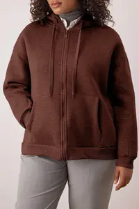 Trendyol Curve Brown Hooded Fleece Inside Zippered Front Plus Size Knitting Sweatshirt - Image 3