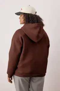 Trendyol Curve Brown Hooded Fleece Inside Zippered Front Plus Size Knitting Sweatshirt - Image 4