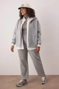 Trendyol Curve Gray Melange KHooded With Fleece Inside and Zippered Front Plus Size Knitting Sweatshirt