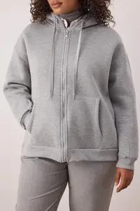 Trendyol Curve Gray Melange KHooded With Fleece Inside and Zippered Front Plus Size Knitting Sweatshirt - Image 3