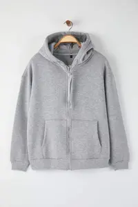 Trendyol Curve Gray Melange KHooded With Fleece Inside and Zippered Front Plus Size Knitting Sweatshirt - Image 5