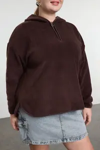 Trendyol Curve Brown Thick Fleece Hooded and Zippered Oversized Knitting Plus Size Sweatshirt - Image 3