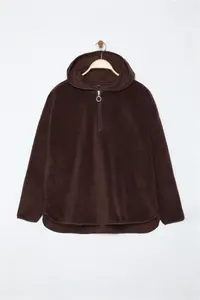 Trendyol Curve Brown Thick Fleece Hooded and Zippered Oversized Knitting Plus Size Sweatshirt - Image 6