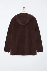 Trendyol Curve Brown Thick Fleece Hooded and Zippered Oversized Knitting Plus Size Sweatshirt - Image 7