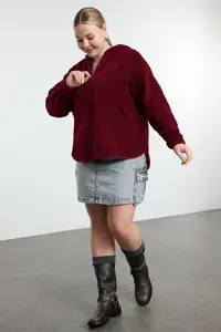 Trendyol Curve Dark Cherry Thick Fleece Hooded and Zippered Oversized Knitting Plus Size Sweatshirt - Image 2