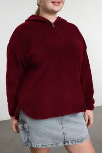 Trendyol Curve Dark Cherry Thick Fleece Hooded and Zippered Oversized Knitting Plus Size Sweatshirt - Image 4