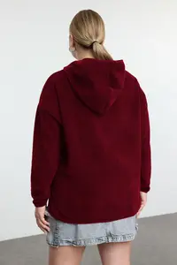 Trendyol Curve Dark Cherry Thick Fleece Hooded and Zippered Oversized Knitting Plus Size Sweatshirt - Image 7