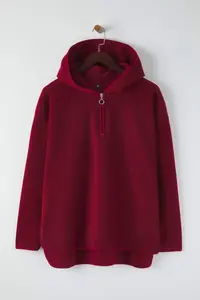 Trendyol Curve Dark Cherry Thick Fleece Hooded and Zippered Oversized Knitting Plus Size Sweatshirt - Image 8