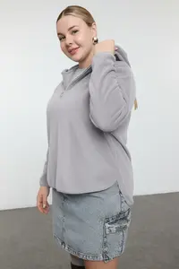 Trendyol Curve Gray Thick Fleece Hooded and Zippered Oversized/Bol Cut Knitting Plus Size Sweatshirt - Image 4