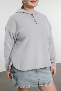 Trendyol Curve Gray Thick Fleece Hooded and Zippered Oversized/Bol Cut Knitting Plus Size Sweatshirt - Image 5