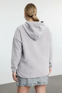 Trendyol Curve Gray Thick Fleece Hooded and Zippered Oversized/Bol Cut Knitting Plus Size Sweatshirt - Image 8