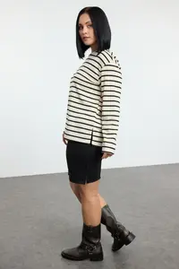 Trendyol Curve Beige Crew Neck Striped Knitting Plus Size Sweatshirt - Image 2