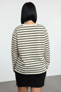 Trendyol Curve Beige Crew Neck Striped Knitting Plus Size Sweatshirt - Image 5