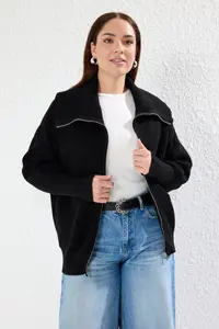 Trendyol Curve Black Turndown collar Zippered Knitwear Cardigan