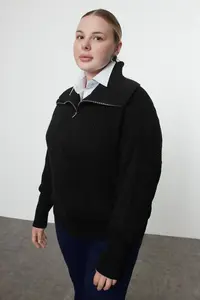 Trendyol Curve Black Turndown collar Zippered Knitwear Cardigan - Image 7
