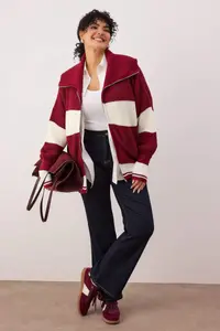 Trendyol Curve Burgundy Striped Turndown collar Zippered Knitwear Cardigan