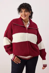 Trendyol Curve Burgundy Striped Turndown collar Zippered Knitwear Cardigan - Image 2