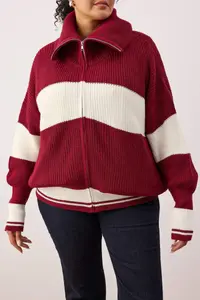 Trendyol Curve Burgundy Striped Turndown collar Zippered Knitwear Cardigan - Image 3
