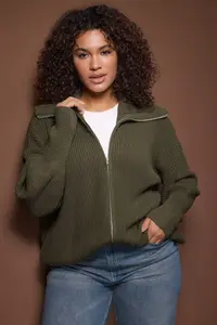 Trendyol Curve Khaki Turndown collar Zippered Knitwear Cardigan - Image 2