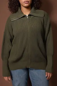 Trendyol Curve Khaki Turndown collar Zippered Knitwear Cardigan - Image 3