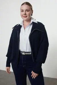 Trendyol Curve Navy Blue Turndown collar Zippered Knitwear Cardigan