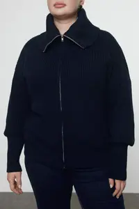 Trendyol Curve Navy Blue Turndown collar Zippered Knitwear Cardigan - Image 3