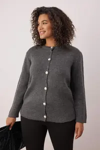 Trendyol Curve Anthracite Crew Neck buttoned Knitwear Cardigan