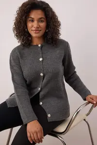 Trendyol Curve Anthracite Crew Neck buttoned Knitwear Cardigan - Image 2