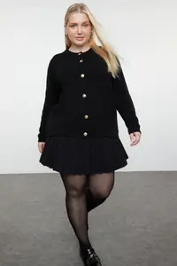 Trendyol Curve Black Crew Neck buttoned Knitwear Cardigan