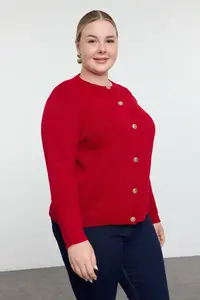 Trendyol Curve Red Crew Neck buttoned Knitwear Cardigan - Image 2