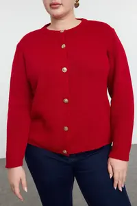 Trendyol Curve Red Crew Neck buttoned Knitwear Cardigan - Image 4