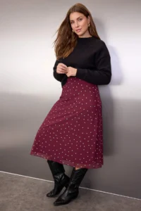 Trendyol Curve Burgundy A- Line Puantiye Patterned Tulle Knitting Plus Size Skirt - Image 2