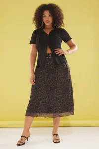 Trendyol Curve Khaki A- Line Leopard Patterned Tulle Knitting Plus Size Skirt
