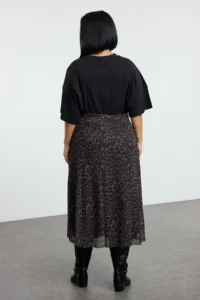 Trendyol Curve Khaki A- Line Leopard Patterned Tulle Knitting Plus Size Skirt - Image 10