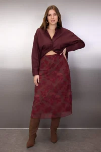 Trendyol Curve Burgundy A-line flower patterned Tulle Knitting Plus Size Skirt