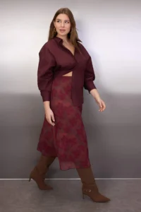 Trendyol Curve Burgundy A-line flower patterned Tulle Knitting Plus Size Skirt - Image 2