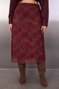 Trendyol Curve Burgundy A-line flower patterned Tulle Knitting Plus Size Skirt - Image 3