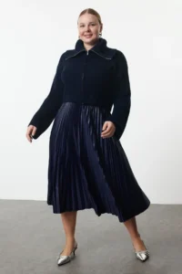 Trendyol Curve Navy Blue Flexible Tyre Belli pleated Weaving Plus Size Skirt - Image 2