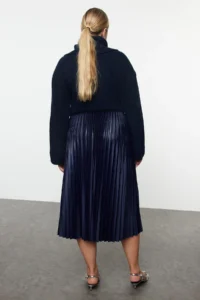 Trendyol Curve Navy Blue Flexible Tyre Belli pleated Weaving Plus Size Skirt - Image 5