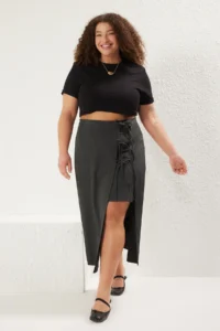 Trendyol Curve Anthracite Fiyonk/Laced Midi Weaving Plus Size Skirt