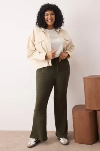 Trendyol Curve Khaki High Waist Ribbed Knitting flared leg Plus Size Leggings with Bow Detail on Waist