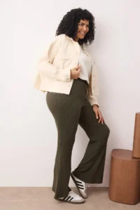 Trendyol Curve Khaki High Waist Ribbed Knitting flared leg Plus Size Leggings with Bow Detail on Waist - Image 2