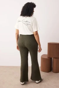 Trendyol Curve Khaki High Waist Ribbed Knitting flared leg Plus Size Leggings with Bow Detail on Waist - Image 4