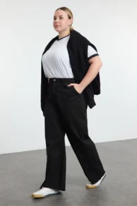 Trendyol Curve Black High Waist Wide Leg 100% Cotton Plus Size Wide Leg jeans - Image 2