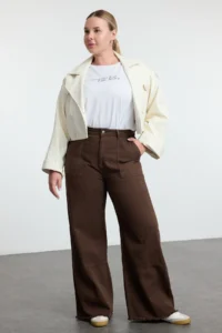 Trendyol Curve Brown High Waist Wide Leg 100% Cotton Non-Stretch Plus Size Wide Leg jeans