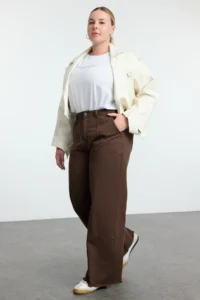 Trendyol Curve Brown High Waist Wide Leg 100% Cotton Non-Stretch Plus Size Wide Leg jeans - Image 2