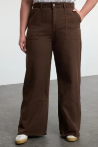 Trendyol Curve Brown High Waist Wide Leg 100% Cotton Non-Stretch Plus Size Wide Leg jeans - Image 3
